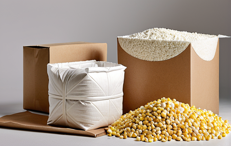 A variety of eco-friendly packaging materials, such as biodegradable packaging made from corn starch and paper cushioning, showcasing sustainable packaging options attracting consumers.
