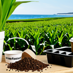 **

A vibrant display of eco-friendly packaging alternatives. In the center, a neatly arranged collection of biodegradable food containers made from PLA, alongside a seaweed-based straw and a coffee cup crafted from coffee grounds. To the right, a mycotoxin packaging sample cradles a delicate electronic gadget. All items are set against a backdrop featuring a verdant field of corn, a bustling seaweed farm by the ocean, and a coffee bean plantation. The lighting is bright and hopeful, highlighting the natural textures of the materials.

**