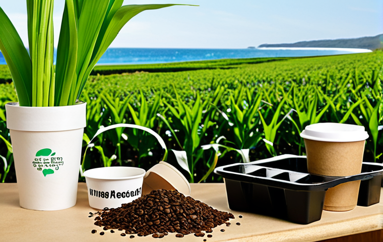 **

A vibrant display of eco-friendly packaging alternatives. In the center, a neatly arranged collection of biodegradable food containers made from PLA, alongside a seaweed-based straw and a coffee cup crafted from coffee grounds. To the right, a mycotoxin packaging sample cradles a delicate electronic gadget. All items are set against a backdrop featuring a verdant field of corn, a bustling seaweed farm by the ocean, and a coffee bean plantation. The lighting is bright and hopeful, highlighting the natural textures of the materials.

**