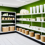 A brightly lit, clean showroom displaying various innovative bioplastic products. The scene features translucent bioplastic cups made from cornstarch, durable cutlery crafted from sugarcane, and compostable produce bags. Subtle natural elements like green leaves and grains are artfully placed to highlight their plant-based origin. The products are arranged on minimalist, light-colored shelves, emphasizing their modern and eco-friendly design. Professional studio lighting, focus on product quality, perfect anatomy (for products), correct proportions, natural pose (for arrangement), safe for work, appropriate content, fully clothed (if any implicit human presence), professional, family-friendly.