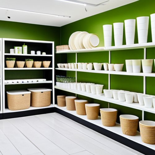 A brightly lit, clean showroom displaying various innovative bioplastic products. The scene features translucent bioplastic cups made from cornstarch, durable cutlery crafted from sugarcane, and compostable produce bags. Subtle natural elements like green leaves and grains are artfully placed to highlight their plant-based origin. The products are arranged on minimalist, light-colored shelves, emphasizing their modern and eco-friendly design. Professional studio lighting, focus on product quality, perfect anatomy (for products), correct proportions, natural pose (for arrangement), safe for work, appropriate content, fully clothed (if any implicit human presence), professional, family-friendly.