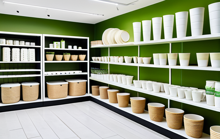 A brightly lit, clean showroom displaying various innovative bioplastic products. The scene features translucent bioplastic cups made from cornstarch, durable cutlery crafted from sugarcane, and compostable produce bags. Subtle natural elements like green leaves and grains are artfully placed to highlight their plant-based origin. The products are arranged on minimalist, light-colored shelves, emphasizing their modern and eco-friendly design. Professional studio lighting, focus on product quality, perfect anatomy (for products), correct proportions, natural pose (for arrangement), safe for work, appropriate content, fully clothed (if any implicit human presence), professional, family-friendly.