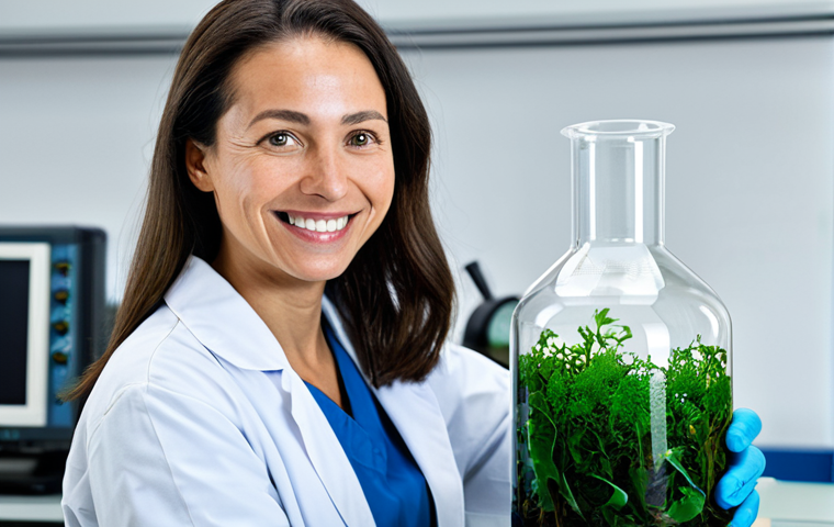 대체 플라스틱 소재와 차세대 응용 - Seaweed Plastic Innovation**
A scientist in a clean, modern laboratory, holding a sheet of seaweed-...